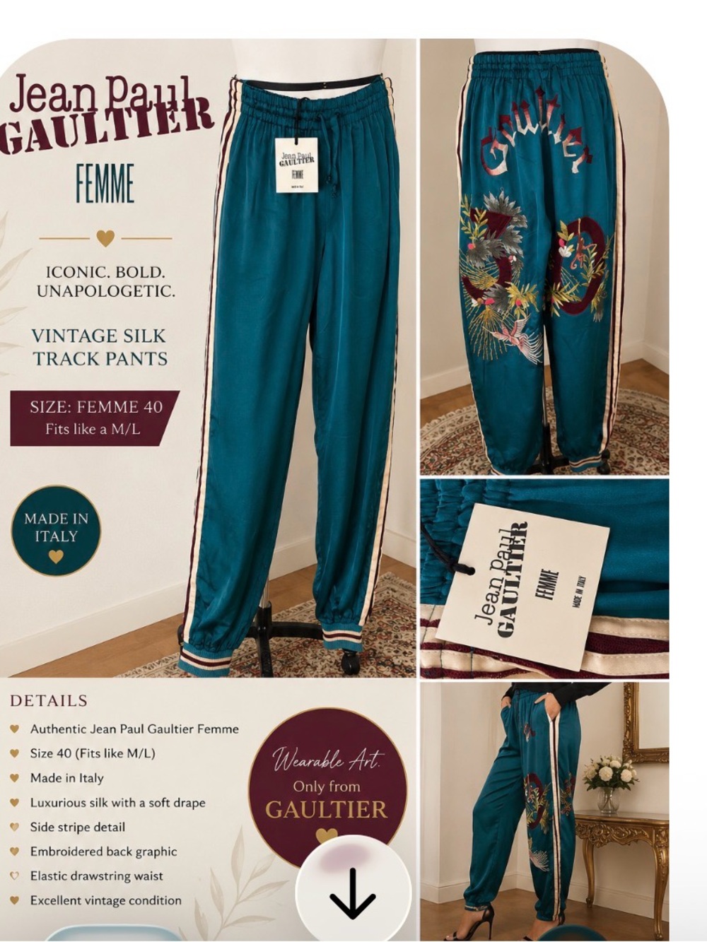 Jean Paul Gaultier Teal Joggers with Striped Accent